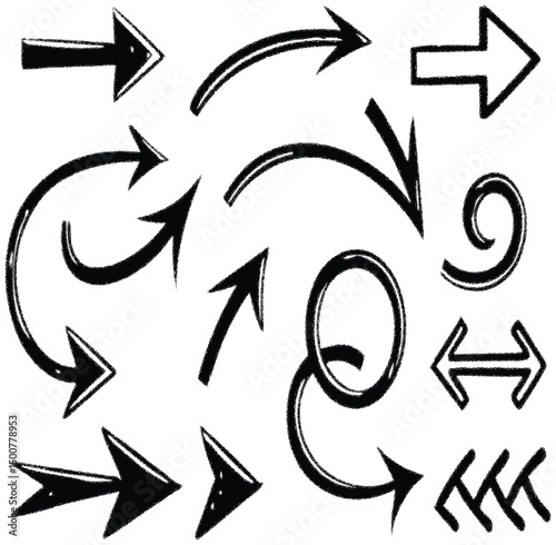 Arrows Collection: An artistic array of diverse arrow icons, meticulously hand-drawn, pointing in various directions. This image is perfect for highlighting direction or emphasizing forward momentum
