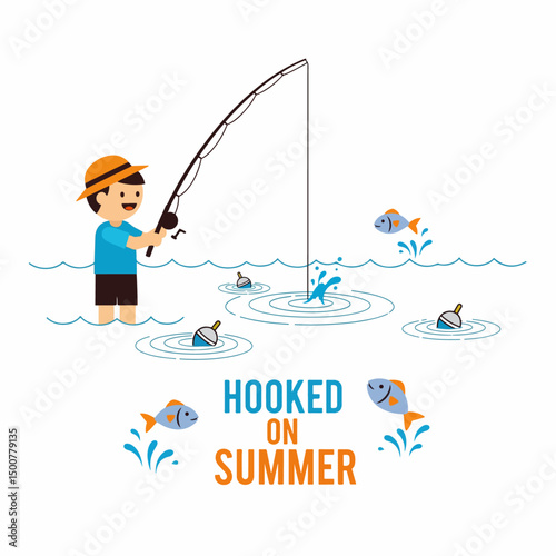Summer fishing day with kid catching fish