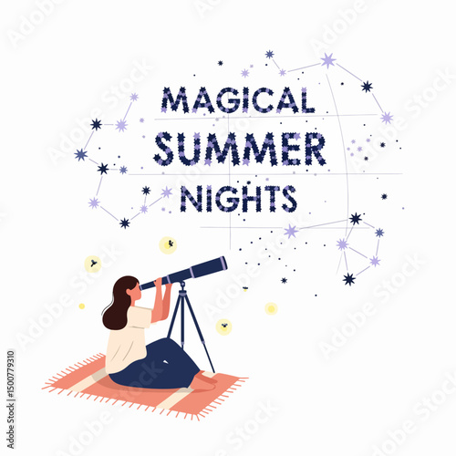 Observing summer constellations through telescope on blanket