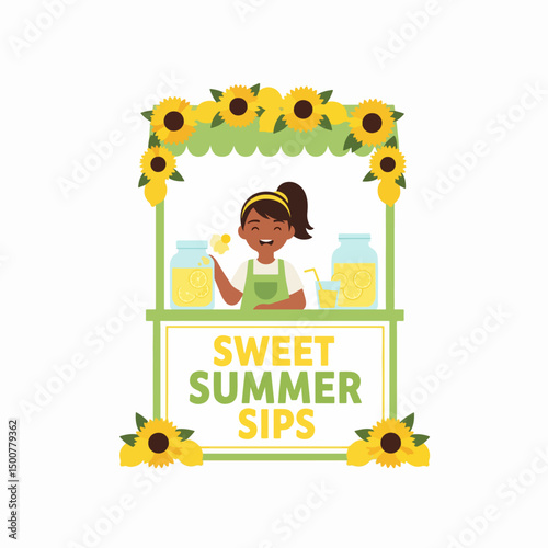 Lemonade stall sunflowers summer drink business cheerful girl