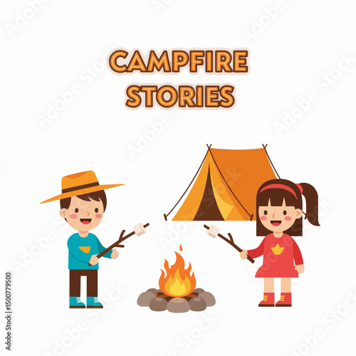 Kids camping at campfire telling stories
