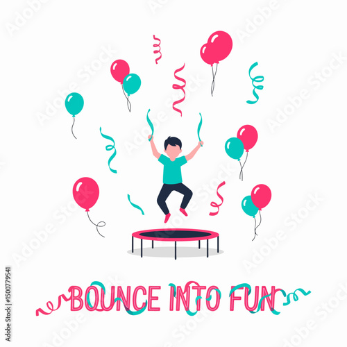 Jumping boy on trampoline with party balloons