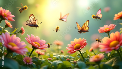 Stunning High-Resolution 3D Render of Butterflies and Bees Amongst Pink Flowers in a Sunny Meadow