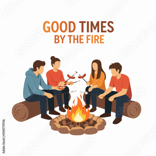 Friends around campfire roasting marshmallows outdoors
