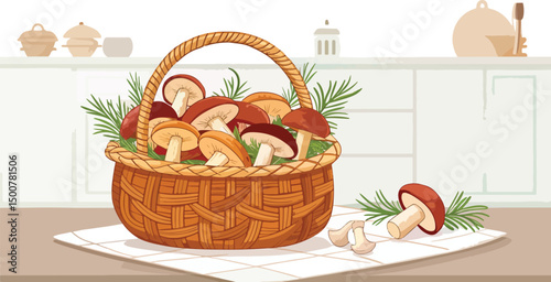 Mushrooms in Wicker Basket Kitchen Still Life Vector Illustration