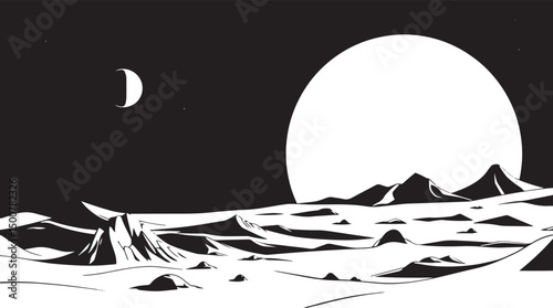 Fantastic landscape on a distant planet, mountains, planets, wastelands, futurism. Hand drawn vector illustration	