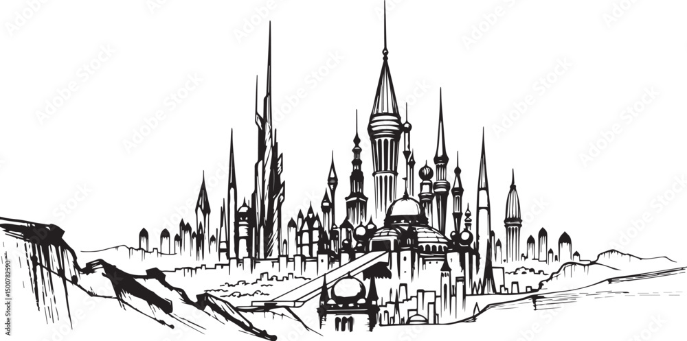 Fototapeta premium Futuristic cityscape. Hand drawn vector illustration