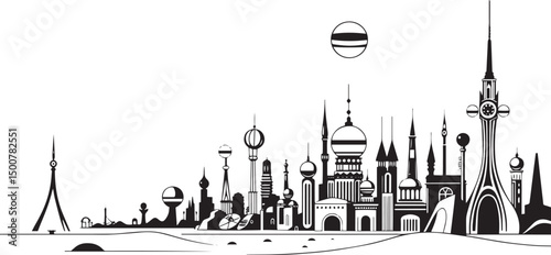 Futuristic cityscape. Hand drawn vector illustration	
