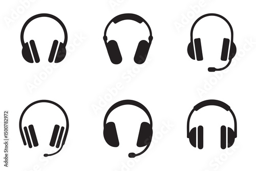 Headphone Collection: A modern array of black silhouette of various headphones design and style, perfect for tech, and audio-related themes.