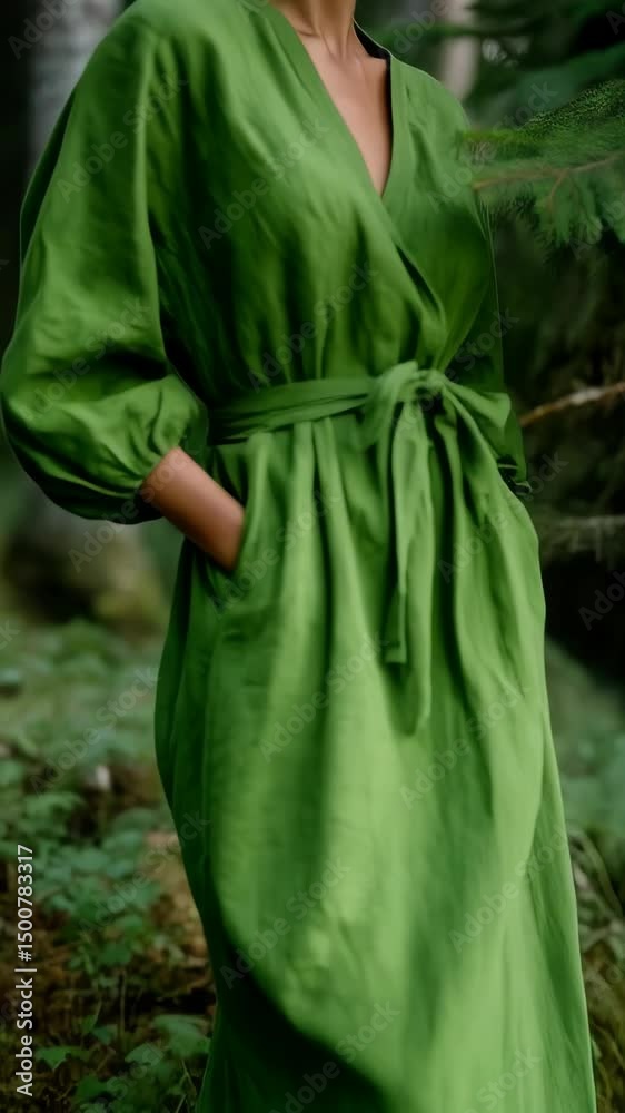 Portrait of a stylish woman in a long green dress standing in a forest setting surrounded by lush greenery and tall trees Portrait of a stylish woman in a long green dress standing in a forest setting surrounded by lush greenery and tall trees