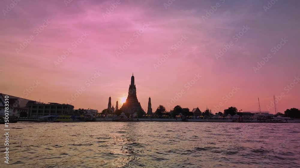 Sunset Behind Wat Arun Temple Seen From Chao Phraya River. Bangkok, Thailand Sunset Behind Wat Arun Temple Seen From Chao Phraya River. Bangkok, Thailand