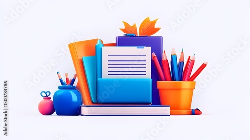 Colorful 3D render of stationery; books, pencils, folder, paper, and a small decorative pot