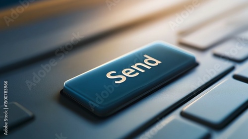 Close up of a send button on a sleek, modern keyboard, suggesting the act of sending an email or message