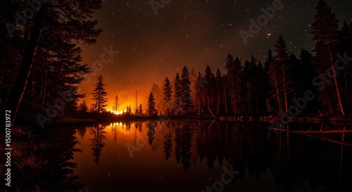 Photo of Burning Forest Reflected In Calm Lake Under Starry Night Sky