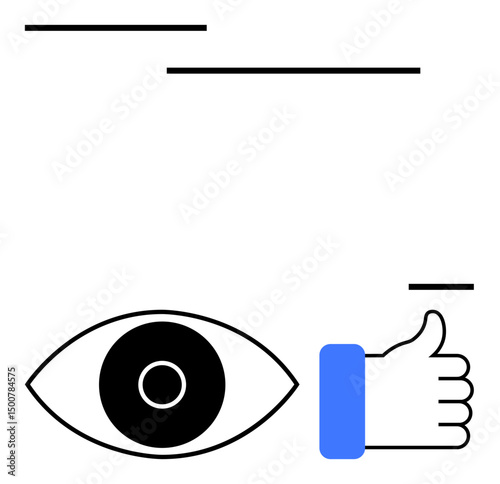 Bold minimalist eye with a thumbs-up symbol, framed by simple lines. Ideal for feedback, approval, vision, monitoring, evaluation, success teamwork. Perfect for a simple landing page