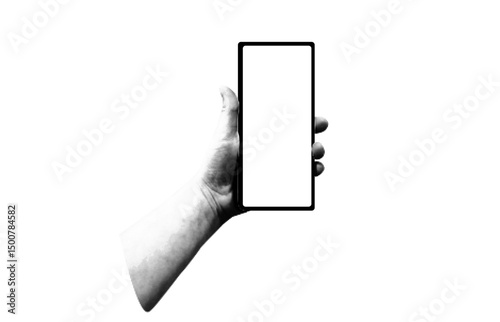 Collage halftone hand holding smart  phone. Modern vector rock illustration isolated cut out element for infographic presentations mediapromotion poster website