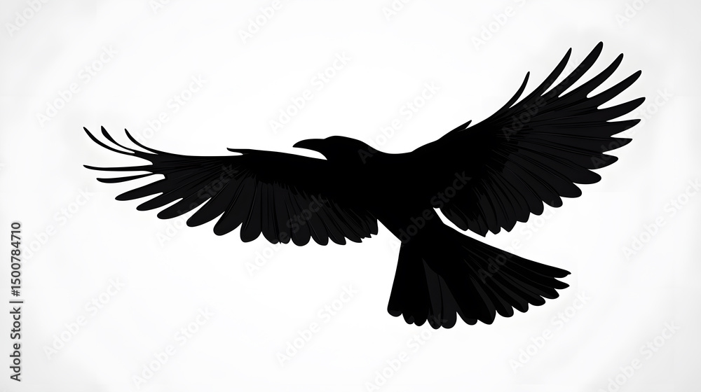 Obraz premium Raven in Flight: A striking monochrome image of a raven in full flight, its wings spread wide against a bright sky, embodying freedom and the untamed spirit of nature.