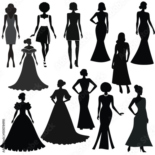 Elegant black silhouettes women in dresses fashion illustration