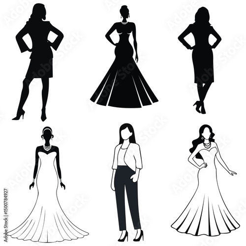 Elegant women silhouettes fashion design dress gown