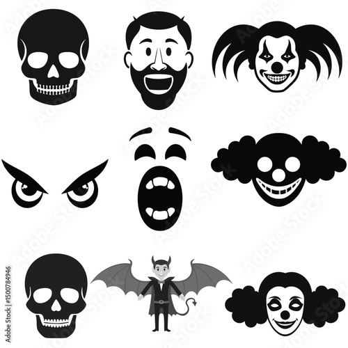 Halloween icons set skull clown devil emojis