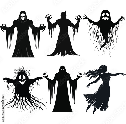 Spooky halloween silhouettes collection creepy ghosts monsters