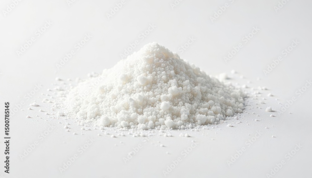Pile of white granulated sugar on white background, crystalline, sugar bowl, granulated Pile of white granulated sugar on white background, crystalline, sugar bowl, granulated