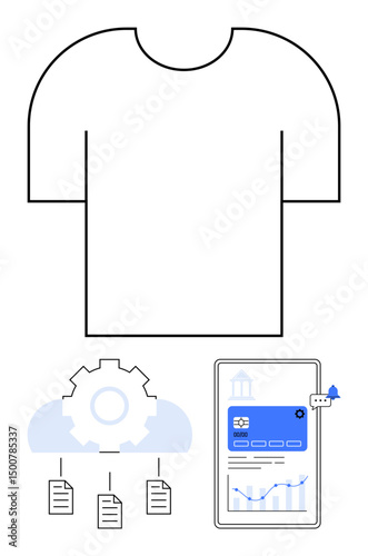 T-shirt outline above cloud gear icon syncing files, with tablet displaying financial metrics. Ideal for e-commerce, technology, finance, marketing, data, software, app design flat simple metaphor