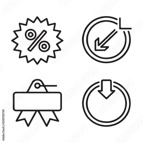 Sale Badge and Discount Label Icons Set. Simple black line icons for discount, download, and sale.
