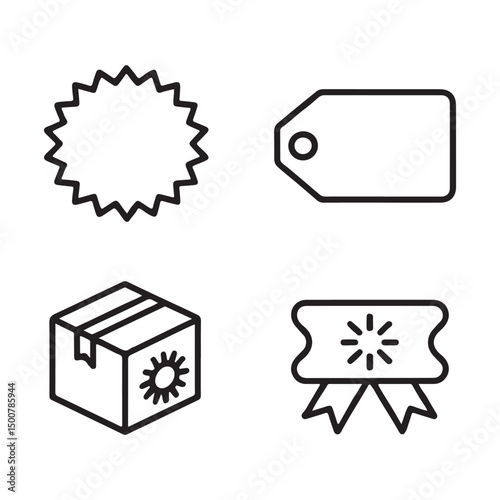 New Arrival Badge and Label Icons Set. Simple Line Icons Representing Quality, Packaging, and Branding
