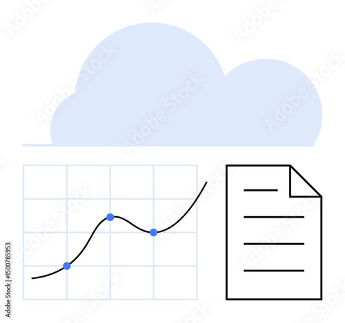 Cloud background with a line graph showcasing data points and upward trend, alongside a document icon. Ideal for analytics, technology, storage, data sharing, forecasting, reporting efficiency. Flat