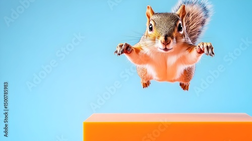 A playful squirrel mid-leap, paws outstretched, towards a vibrant orange platform against a pastel blue backdrop