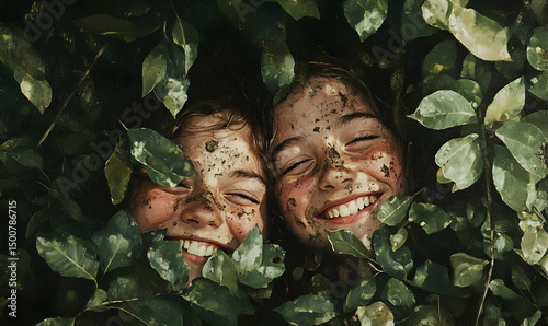 Joyful Girls in Foliage- Painting Illustration