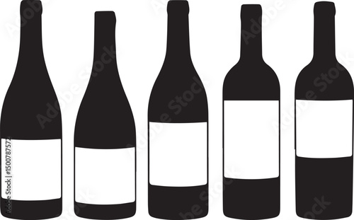 Five silhouettes of wine bottles blank labels