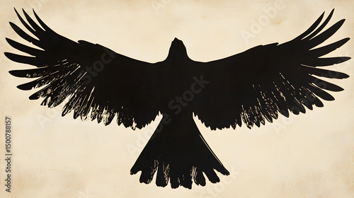 Raven Silhouette: A striking, artistic silhouette of a raven against a textured background, showcasing the bird's wingspan in a bold and expressive way. 