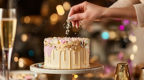 Cake decorator adding glittery accents a New Year's Eve cake with metallic icing and sparkling decorations surrounded by champagne glasses confetti and festive party decor for a luxurious celebration