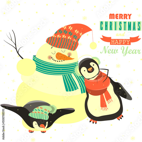 Wallpaper Mural Funny penguins with snowman celebrating Christmas. Vector illustration Torontodigital.ca