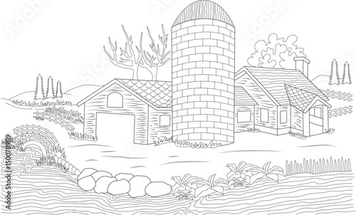 Rustic Farm Scene Line Art, A black and white line drawing illustration of a serene countryside farm landscape featuring traditional farm buildings including a house, barn, and silo, with a river,  photo