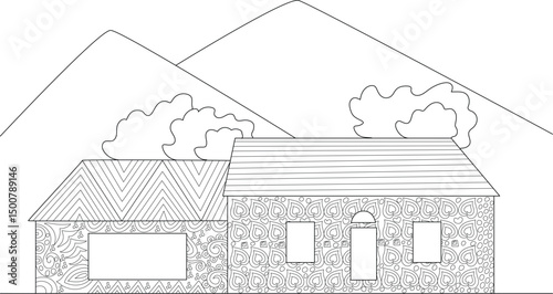 Coloring Page: Countryside Houses Landscape with Patterns, Detailed black and white line art illustration perfect for a coloring book. Features two stylized countryside houses with unique patterns 