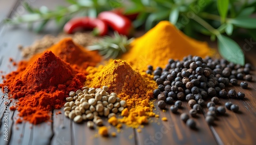 Spice Palette: A vibrant collection of aromatic spices and herbs, artfully arranged on a rustic wooden surface, creates a feast for the senses, evoking culinary creativity. 