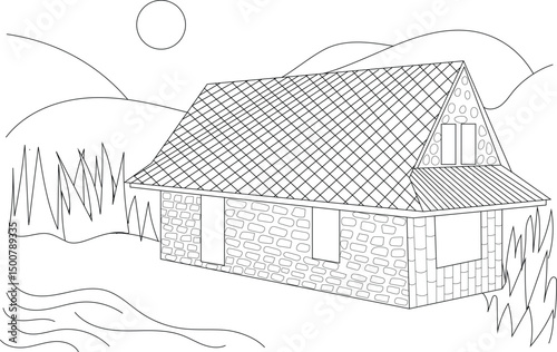 Simple Line Art of a Countryside House, Simple black and white line art drawing of a house in a countryside landscape with hills, grass, and sun. Ideal for coloring books or basic illustration. 
