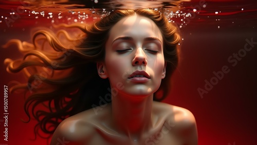 Submerged Serenity: A serene young woman with flowing auburn hair is submerged in deep red water, her eyes gently closed, capturing tranquility and a dreamlike state.