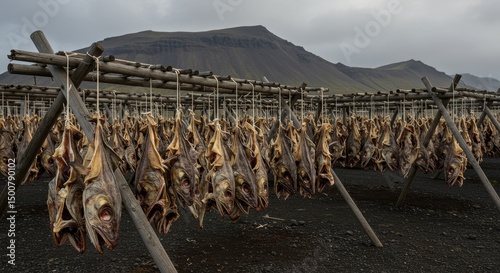 Photo Of Drying Fish On Wooden Racks In Iceland Landscape Under Cloudy Sky