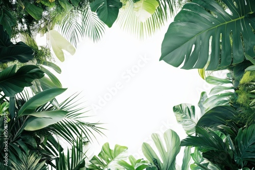 Tropical leaves frame on white background