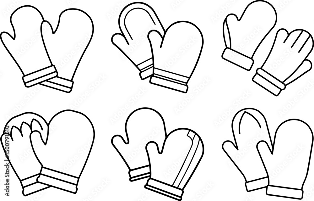Obraz premium Set of glove outline vector illustration, coloring book page line art