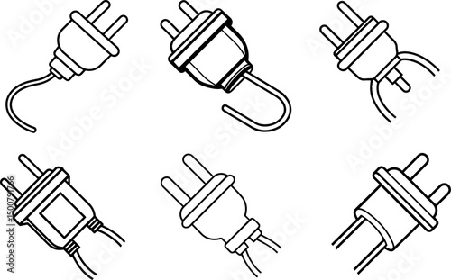 Set of electric plug line art, black outline, vector and illustration, coloring book pag