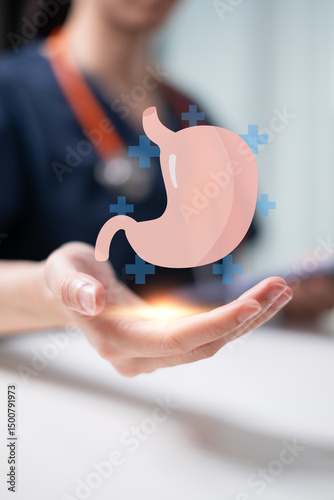 Professional medical healthcare worker physician holding stomach diagnosis analysis treatment patient with stomachache ulcer pain gerd inflammation problem digestive bowel hospital clinic gastric