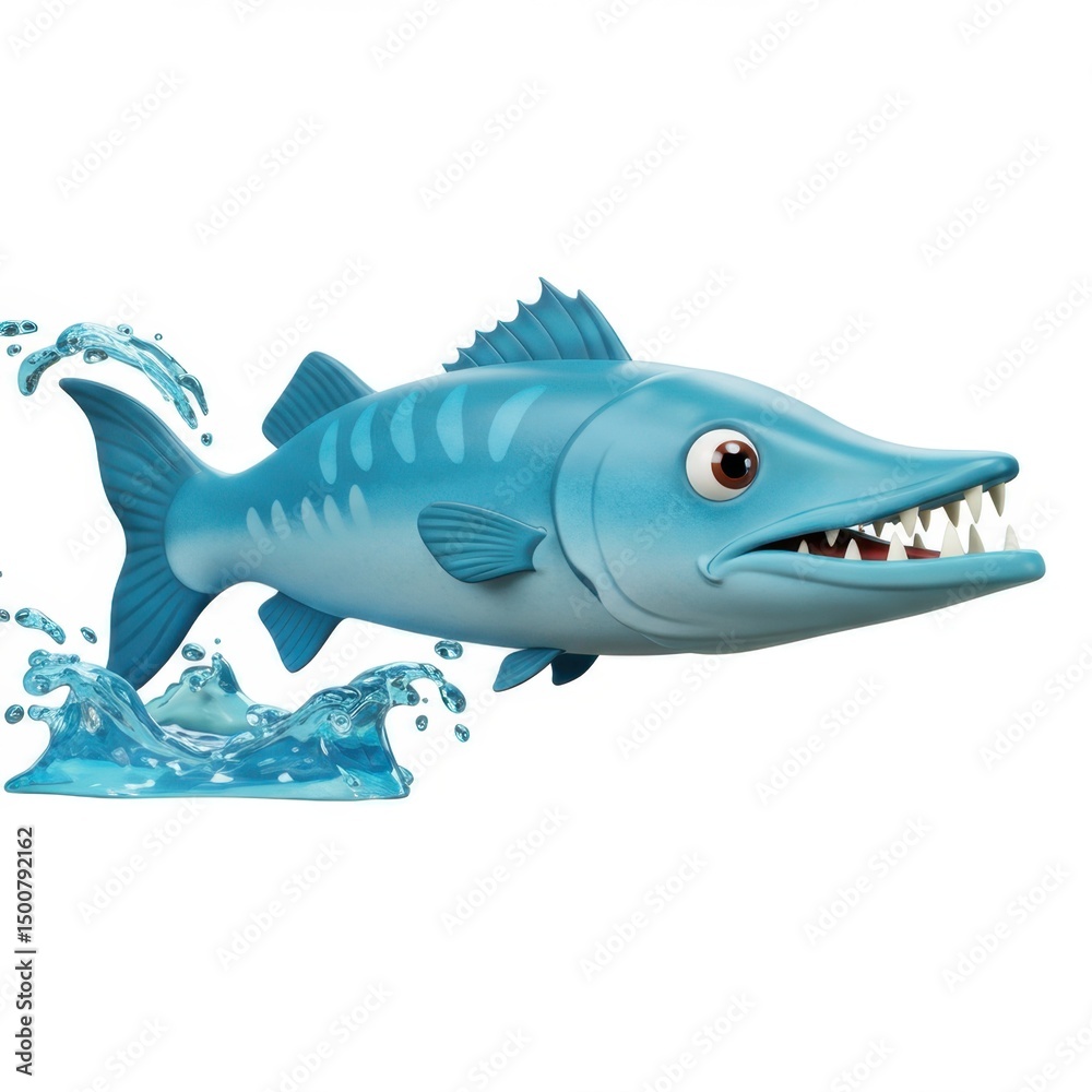 Obraz premium Cartoon Barracuda Leaping from Water Splash: 3D Render of a Playful Fish