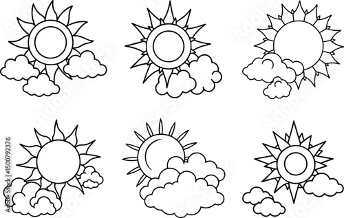 Set of sun with clouds outline vector illustration, coloring book page line art