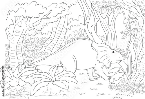 Horned Dinosaur in Prehistoric Jungle - Line Art, Black and white line drawing of a ceratopsian or horned dinosaur standing in a dense prehistoric jungle or forest environment. Ideal as a coloring 