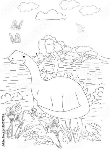 Cartoon Dinosaur Line Art for Coloring Book, Black and white outline illustration of a friendly cartoon sauropod dinosaur in a natural landscape with trees, water, flowers, butterflies, and a bird, 